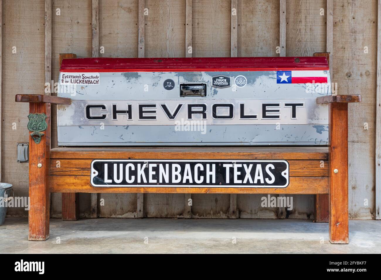 Luckenbach, Texas, USA. April 13, 2021. Bench made from a Chevrolet pickup truck tailgate. Stock Photo