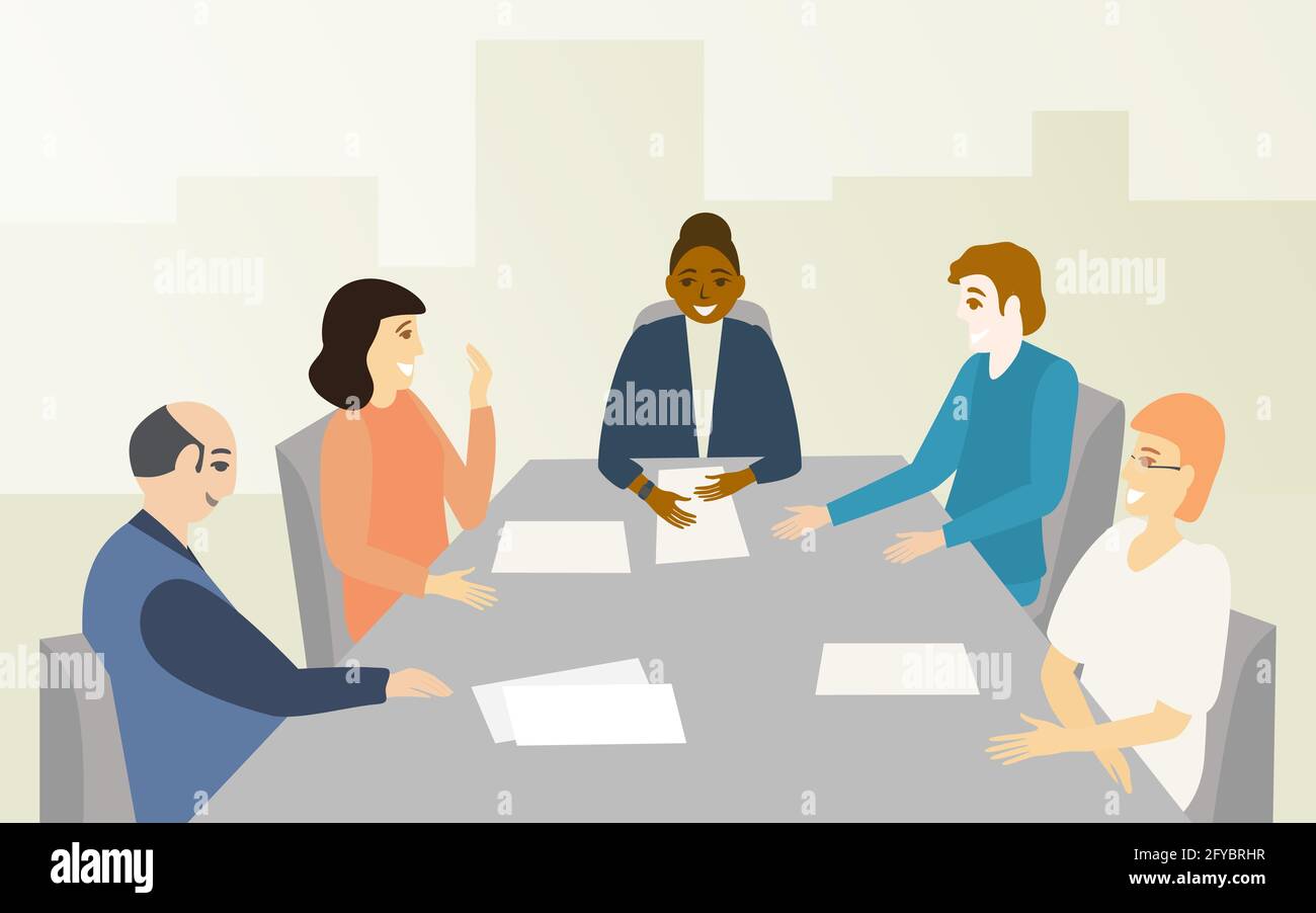 Woman boss and her team discuss project and rejoice at success. The city visible through the window. Business people discussing in conference room. Co Stock Vector