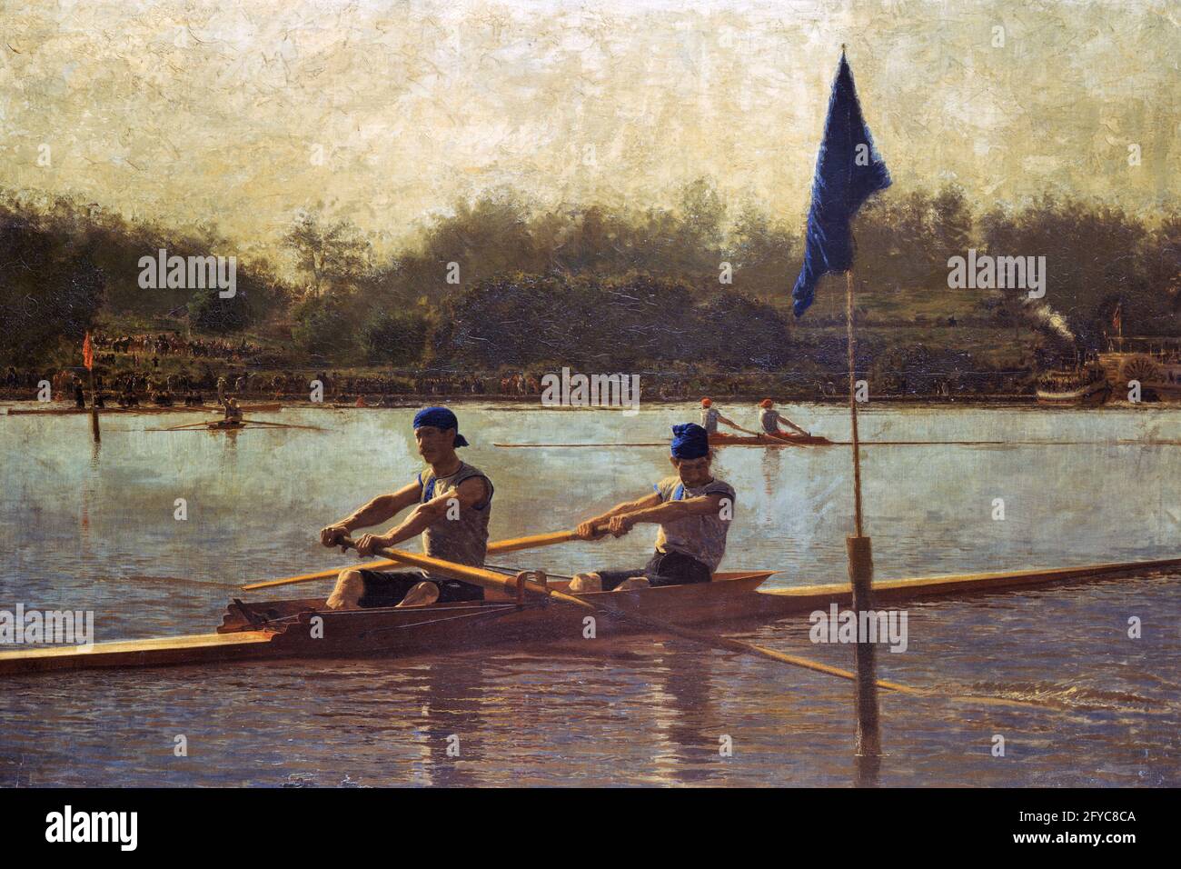 1870s 1873 THE BIGLIN BROTHERS TURNING THE STAKE SWEEP ROWING RACE ON SCHUYKILL RIVER BY THOMAS EAKINS PHILADELPHIA PA USA  - ka9274 SPL001 HARS HALF-LENGTH PHYSICAL FITNESS PERSONS SHELL MALES ATHLETIC SIBLINGS 1800s TURNING GOALS ACTIVITY PHYSICAL STRENGTH SCULLING RECREATION SIBLING SWEEPER EAKINS 1870s ATHLETES FLEXIBILITY MUSCLES STAKE COOPERATION SCULL TOGETHERNESS YOUNG ADULT MAN 1873 OLD FASHIONED SCULLERS SCULLS Stock Photo