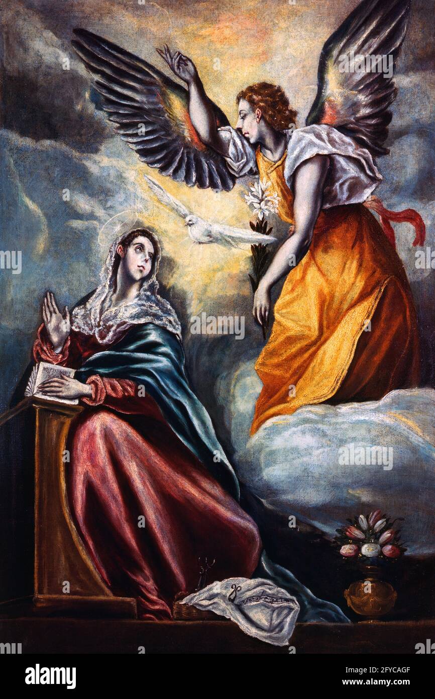 1590s 1600s THE ANNUNCIATION RELGIOUS PAINTING BY EL GRECO DOMENIKOS THEOKOPOULOS SHOWING BLESSED VIRGIN MARY ARCHANGEL GABRIEL - ka9288 SPL001 HARS IMAGINATION SALVATION VIRGIN MARY ANNUNCIATION LILIES 1590s 1600s CREATIVITY DOVE EL GRECO INCARNATION MESSIAH JEWISH MADONNA MARKING OLD FASHIONED Stock Photo