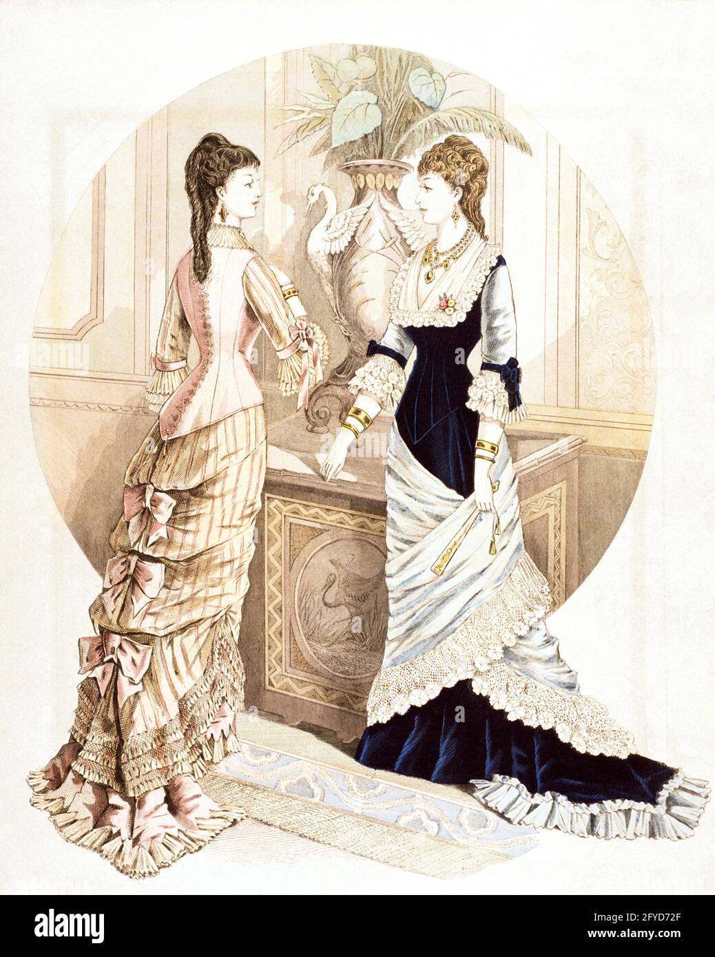1870s 1800s FASHION PLATE TWO WOMEN IN DRESSES FRONT & REAR VIEW JANUARY 1877 DEMOREST’S MONTHLY VICTORIAN MAGAZINE  - kh13419 NAW001 HARS JANUARY TURN OF THE 20TH CENTURY IN FEMININE 19TH CENTURY MONTHLY 1870s STYLISH CREATIVITY FASHION PLATE FASHIONS WAIST YOUNG ADULT WOMAN 1877 CAUCASIAN ETHNICITY OLD FASHIONED WASP Stock Photo