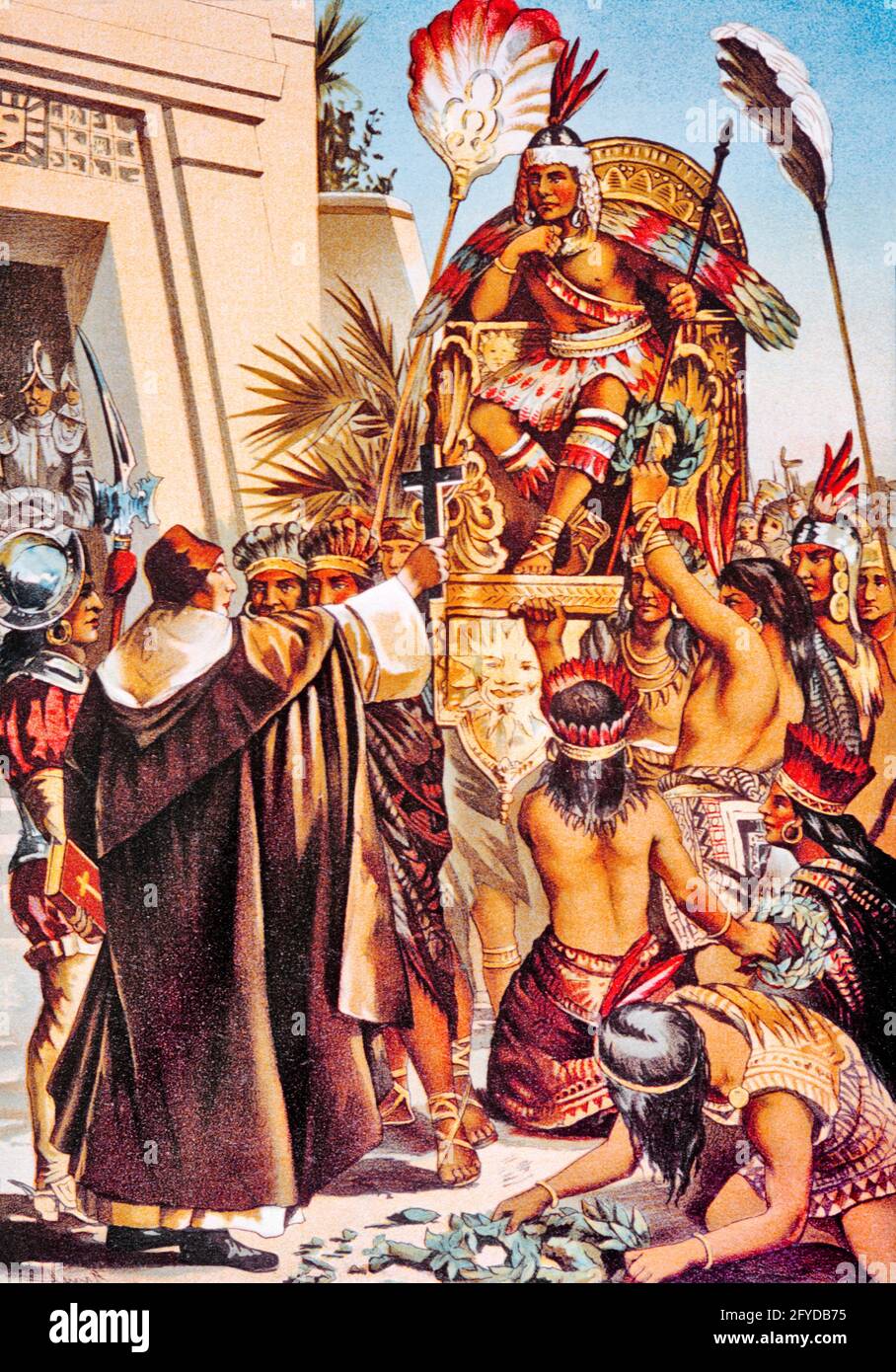 1510s MONTEZUMA II AZTEC RULER CARRIED SITTING IN HIS THRONE CONFRONTED BY SPANISH CONQUISTADORS CATHOLIC PRIEST HOLDING CROSS - kh13536 NAW001 HARS MEXICO ADVENTURE DISCOVERY HIS STRENGTH STRATEGY RULER CONFRONTATION LEADERSHIP LOW ANGLE PROGRESS PRIDE OF AUTHORITY OCCUPATIONS POLITICS CONCEPTUAL THRONE SECOND STYLISH CONQUEST NATIVE AMERICAN CONFRONTED CARRIED CONQUISTADORS DIED NATIVE AMERICANS 1510s 1520 CATHOLIC CAUCASIAN ETHNICITY CENTRAL AMERICA DISEASE INDIGENOUS MONTEZUMA OLD FASHIONED SMALLPOX Stock Photo