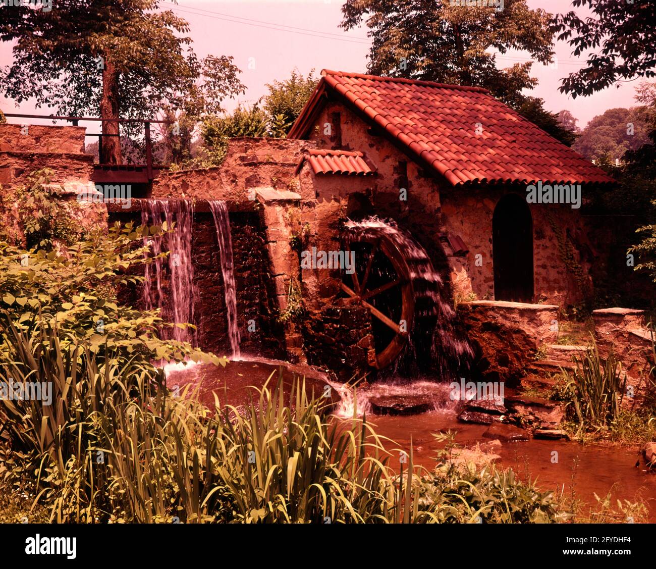 1960s STONE MILL WATER WHEEL STREAM SUMMER ST. DAVIDS MILL PA USA - kl1441 HAR001 HARS OLD FASHIONED Stock Photo