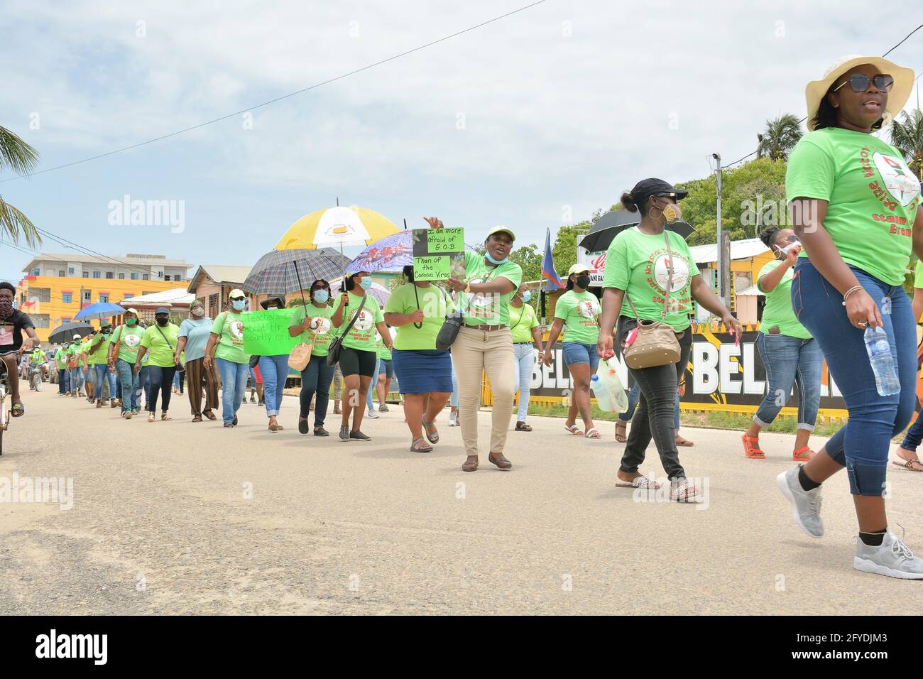 Dangriga, Stann Creek District, Belize - May 27, 2021: Members of the Stann Creek Branch of the BelizeNational Teachers' Union (BNTU) take to the stre Stock Photo
