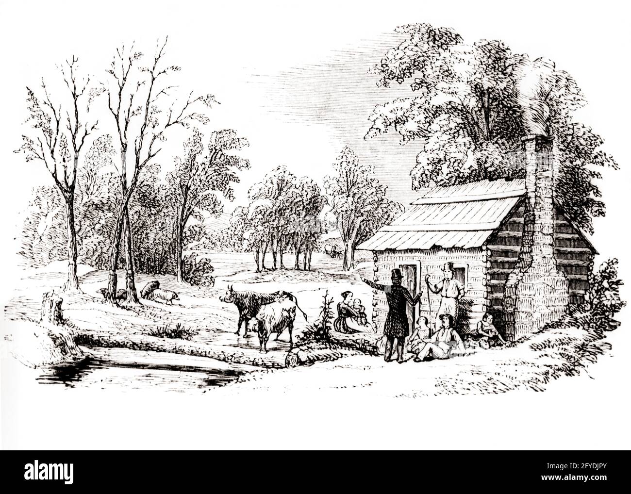 1800s ENGRAVING OF THE WESTERN HOME SETTLERS ASSEMBLED MEETING STANDING SITTING IN FRONT OF FRONTIER LOG CABIN TWO CATTLE - o3159 HAR001 HARS FEMALES MARRIED RURAL SPOUSE HUSBANDS HOME LIFE 6 UNITED STATES COPY SPACE LADIES COW PERSONS INSPIRATION UNITED STATES OF AMERICA FARMING MALES RISK SIX WESTERN CABIN ENGRAVING 1800s AGRICULTURE B&W PARTNER NORTH AMERICA FREEDOM GOALS PIONEER CATTLE ADVENTURE LOG COURAGE FARMERS FRONTIER PIONEERS COWS DIRECTION OPPORTUNITY OXEN FRONTIERSMAN GROWTH JUVENILES MAMMAL MID-ADULT MID-ADULT MAN MID-ADULT WOMAN SETTLER SETTLERS TOGETHERNESS WIVES Stock Photo