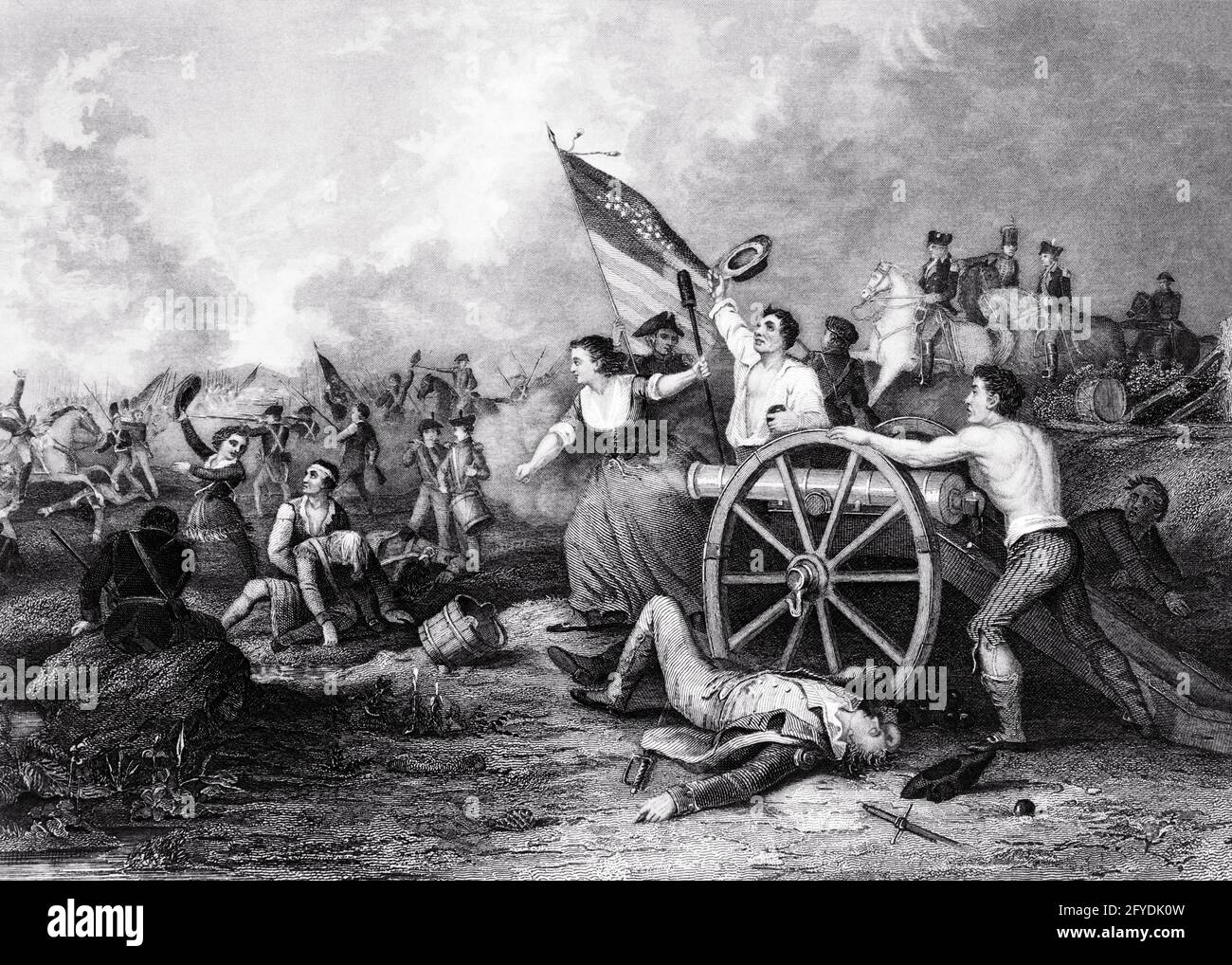 1770s 1778 ILLUSTRATION MOLLY PITCHER FIRING ARTILLERY SHE TOOK OVER CANNON WHEN HUSBAND FELL BATTLE OF MONMOUTH NEW JERSEY USA - q53060 CPC001 HARS INSPIRATION UNITED STATES OF AMERICA CARING MALES RISK B&W NORTH AMERICA FREEDOM NORTH AMERICAN PITCHER ADVENTURE COURAGE BRAVERY EXCITEMENT LEADERSHIP LEGENDARY SHE 1778 FIRING NJ UNIFORMS FELL HEROINE SUPPORT MONMOUTH NEW JERSEY REVOLT AMERICAN REVOLUTIONARY WAR 1770s COLONIES HERO JUNE 28 MID-ADULT MID-ADULT WOMAN MOLLY RED WHITE AND BLUE STARS AND STRIPS ARTILLERY BLACK AND WHITE BRAVE OLD FASHIONED Stock Photo