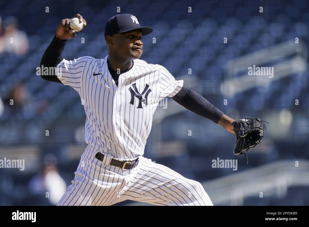 Bronx, United States. 27th May, 2021. New York Yankees starting pitcher  Domingo German (55) pitches in the first inning of Game 1 of a doubleheader  against the Toronto Blue Jays at Yankee