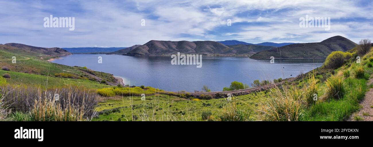 Deer Creek Reservoir Dam Trailhead hiking trail  Panoramic Landscape views by Heber, Wasatch Front Rocky Mountains. Utah, United States, USA. Stock Photo