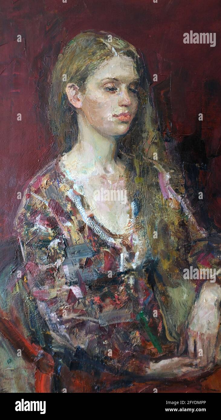 Russia. Vyborg 03.03.2021 Painting with oil paint. Portrait of a woman ...