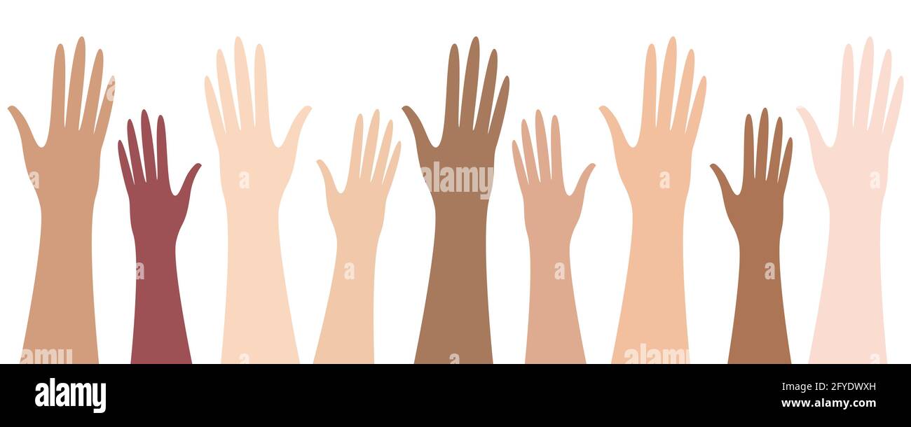 Raised up hands of different skin color. Isolated vector illustration on white background Stock Vector