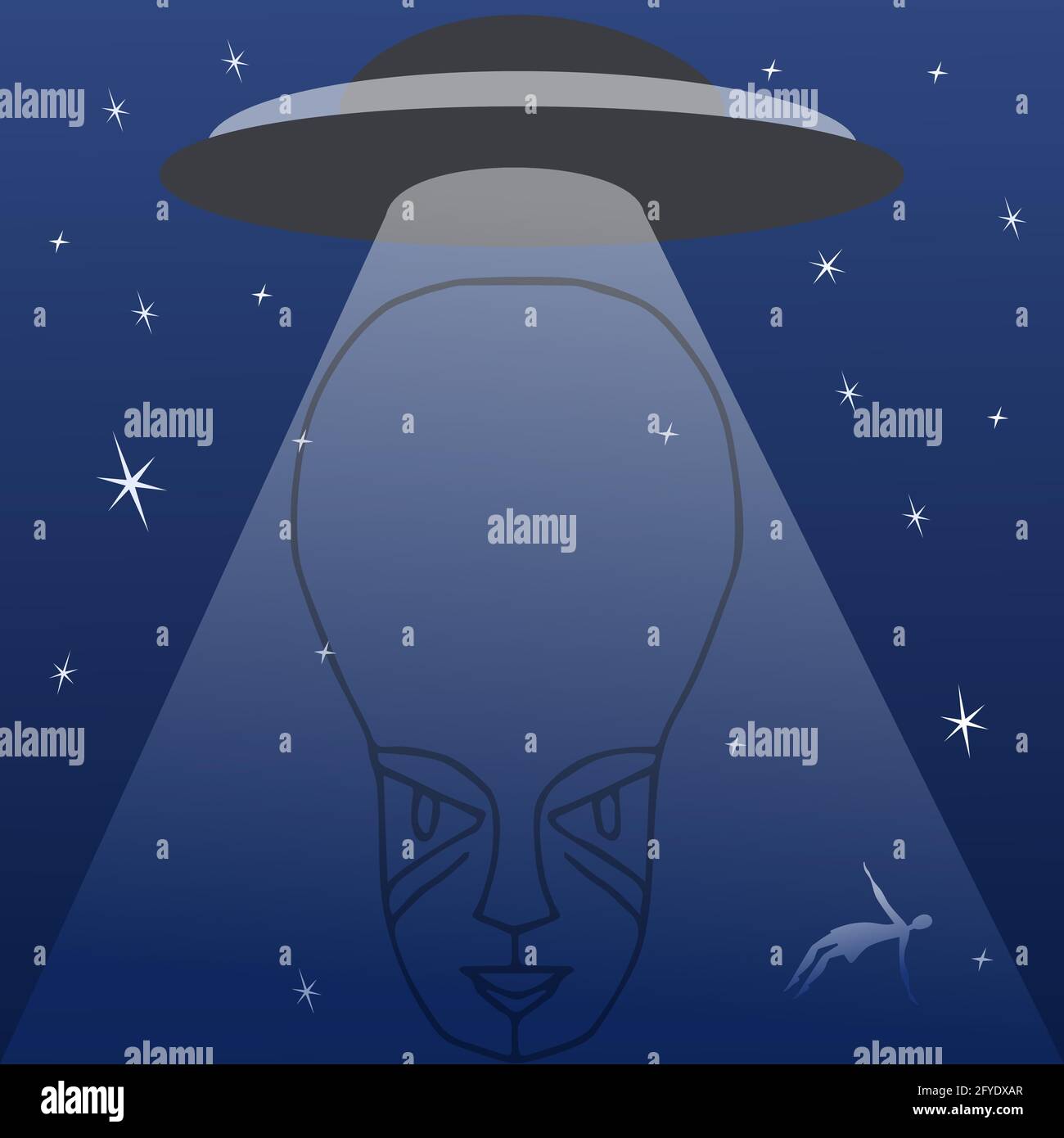 UFO vector illustration on black background. Spaceship light and alien. Stock Vector