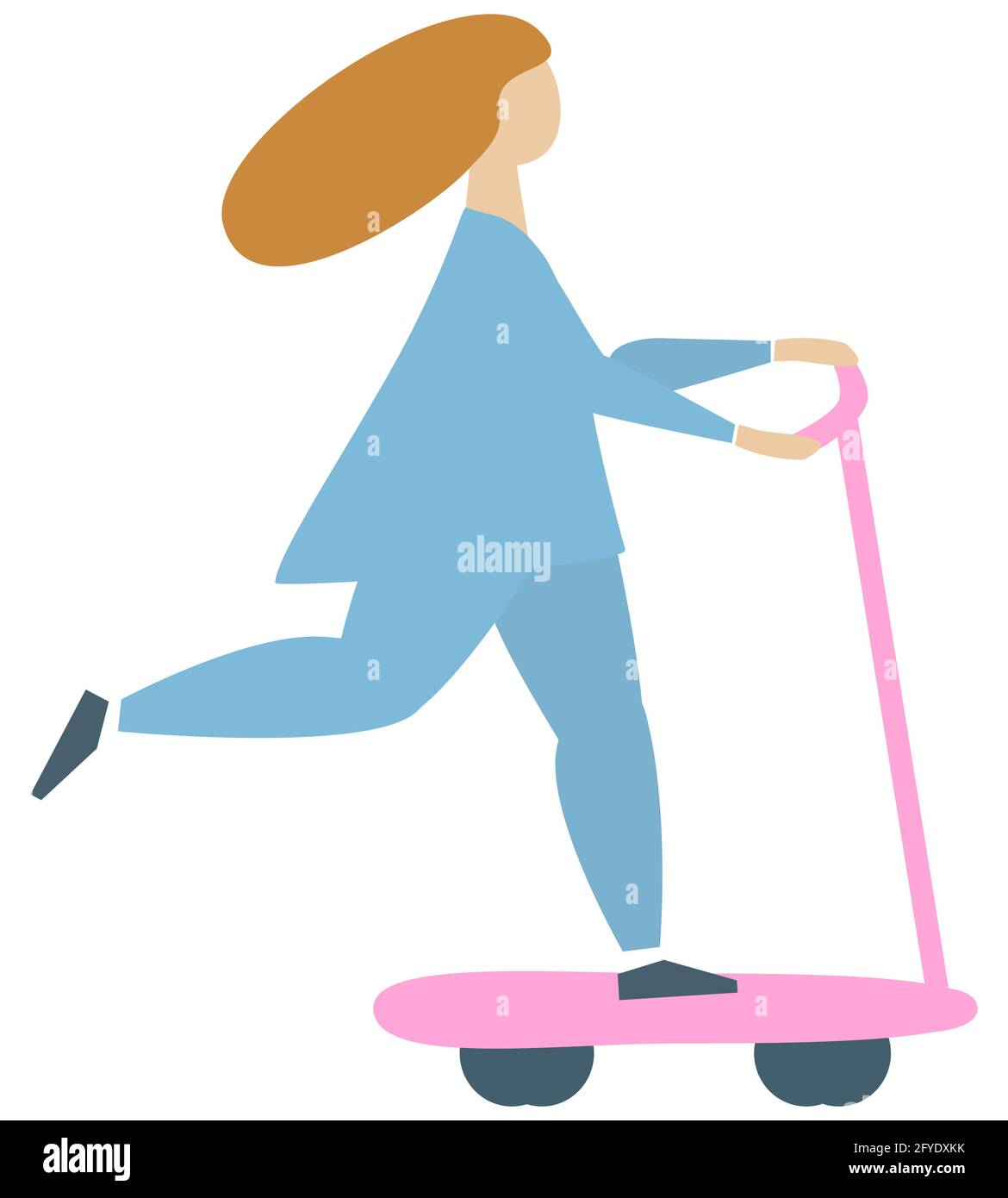 Girl riding a kick scooter. Flat style. Isolated vector illustration on white background. Stock Vector