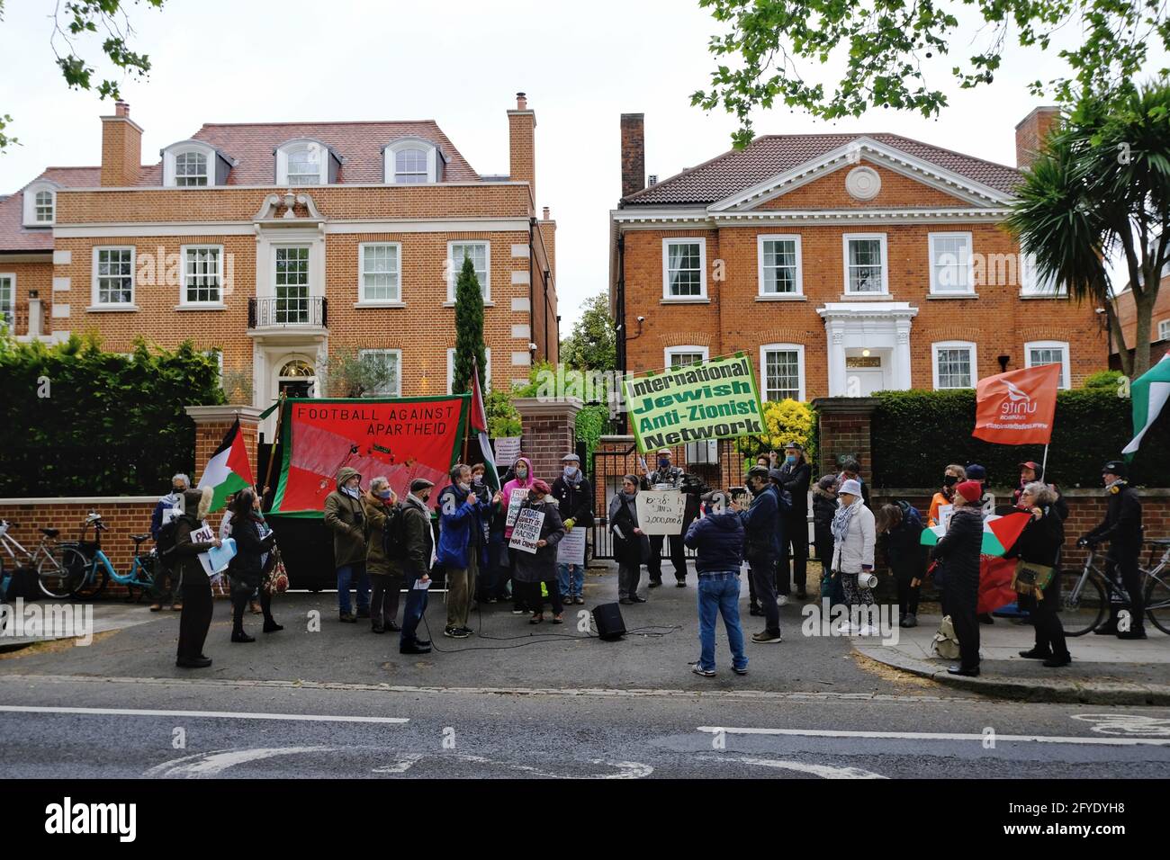 The anti-Zionist Jewish community in London stage a protest outside the Israeli ambassador to the UK's residence in solidarity with Palestine. Stock Photo