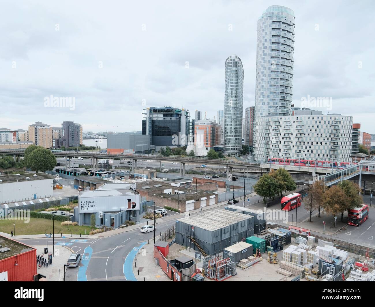 View overlooking Blackwall redevelopment area and established buildings - Providence Tower and Ontario Tower by property developer Ballymore. Stock Photo