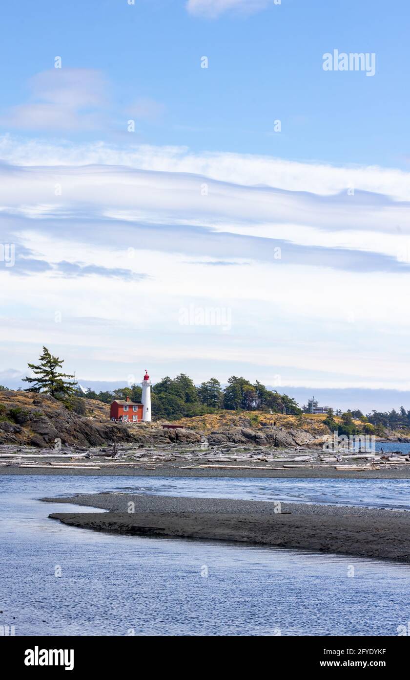 View of Fisgard Lighthouse from Esquimalt Lagoon, Colwood, BC, Canada Stock Photo