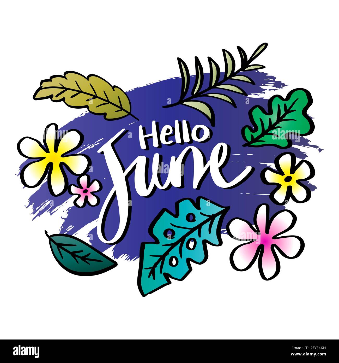 Hello June hand lettering with floral ornament, greeting card Stock