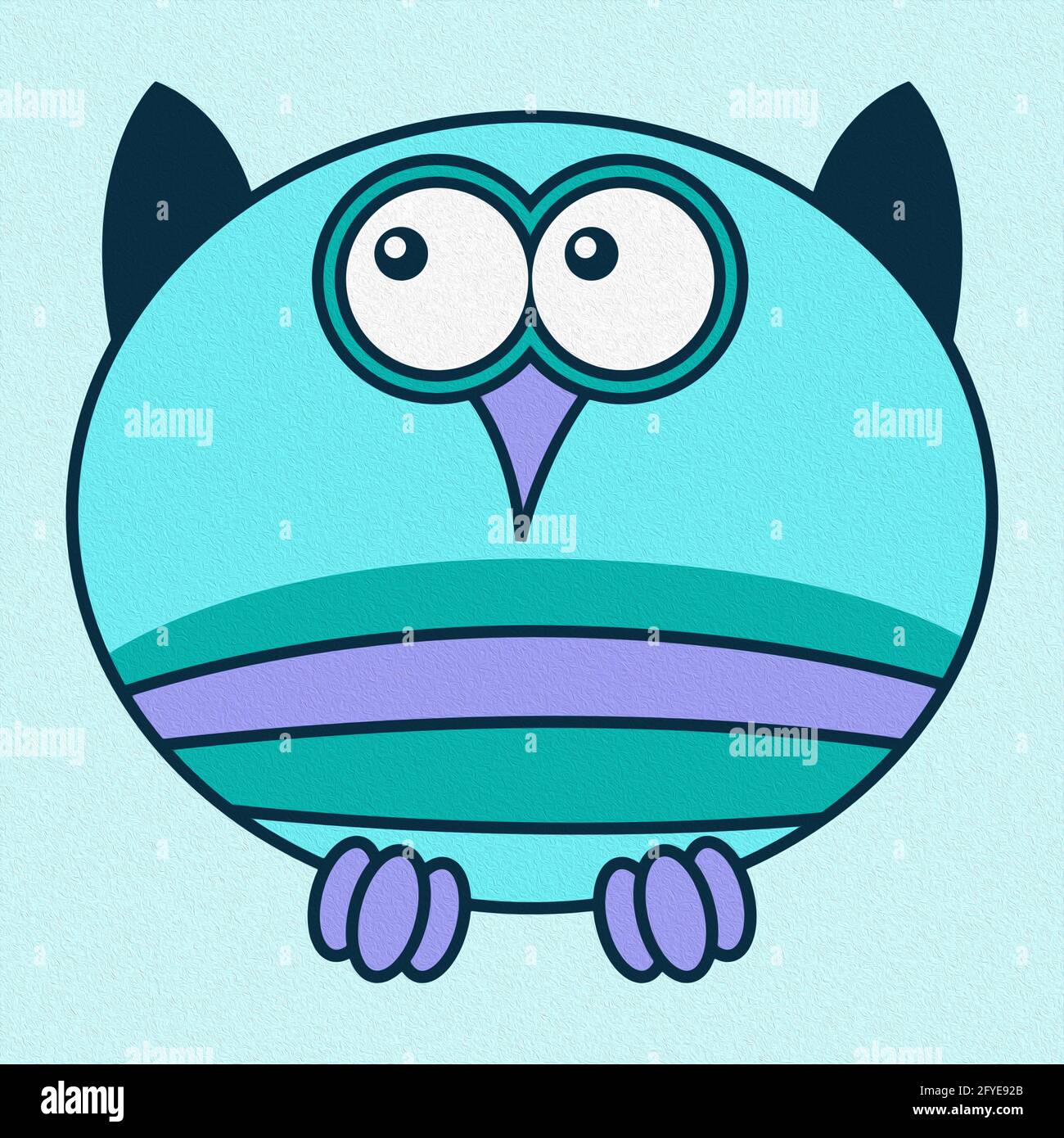 Illustration of amusing cartoon owl in oval shape on pale blue background, made as an oil painting Stock Photo
