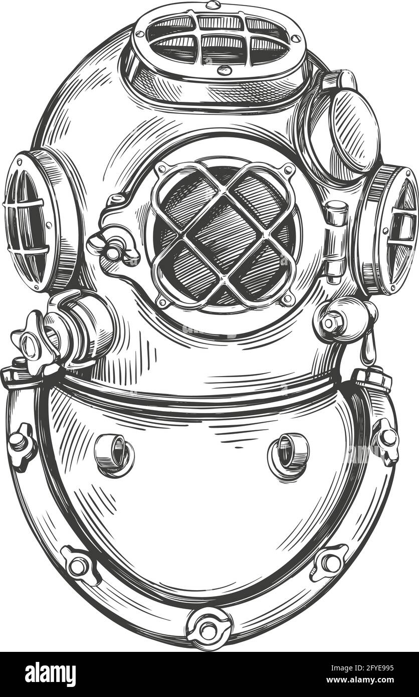 old underwater diving helmet hand drawn vector illustration sketch Stock Vector