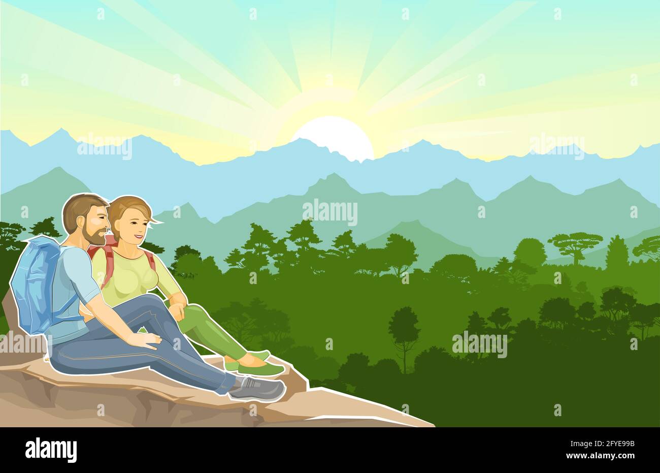 Man and woman are sitting on a cliff. Stone rock. The climber is resting at the height. A hiker with a backpack admires the view. Adventure over the h Stock Vector
