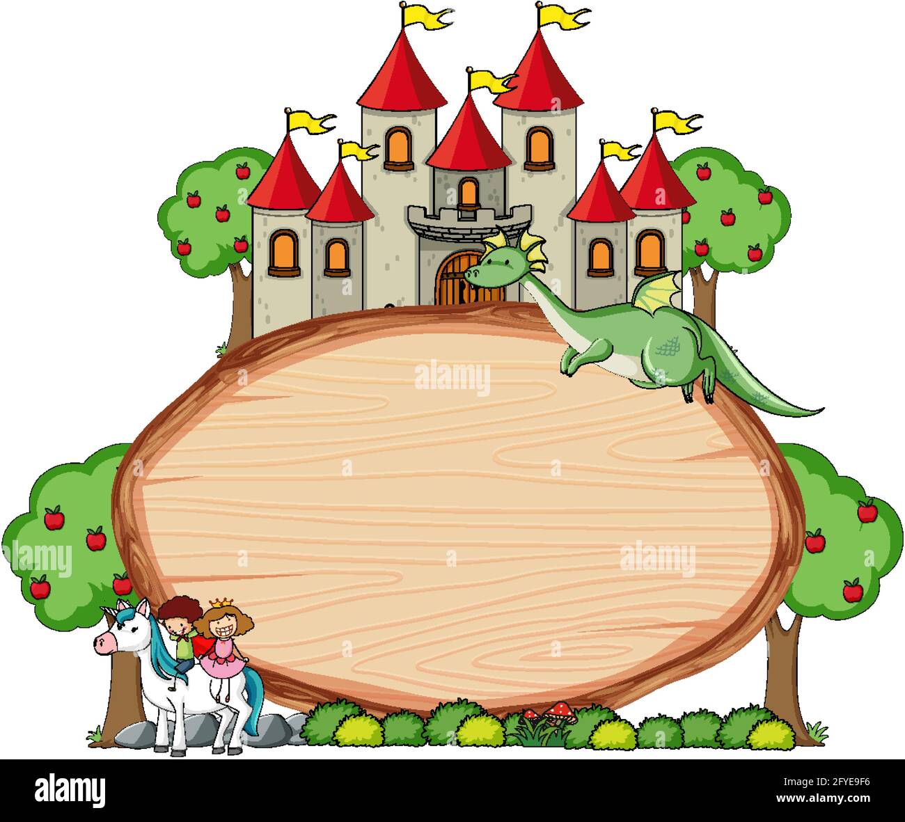 Blank wooden banner with fairy tale cartoon character and elements ...