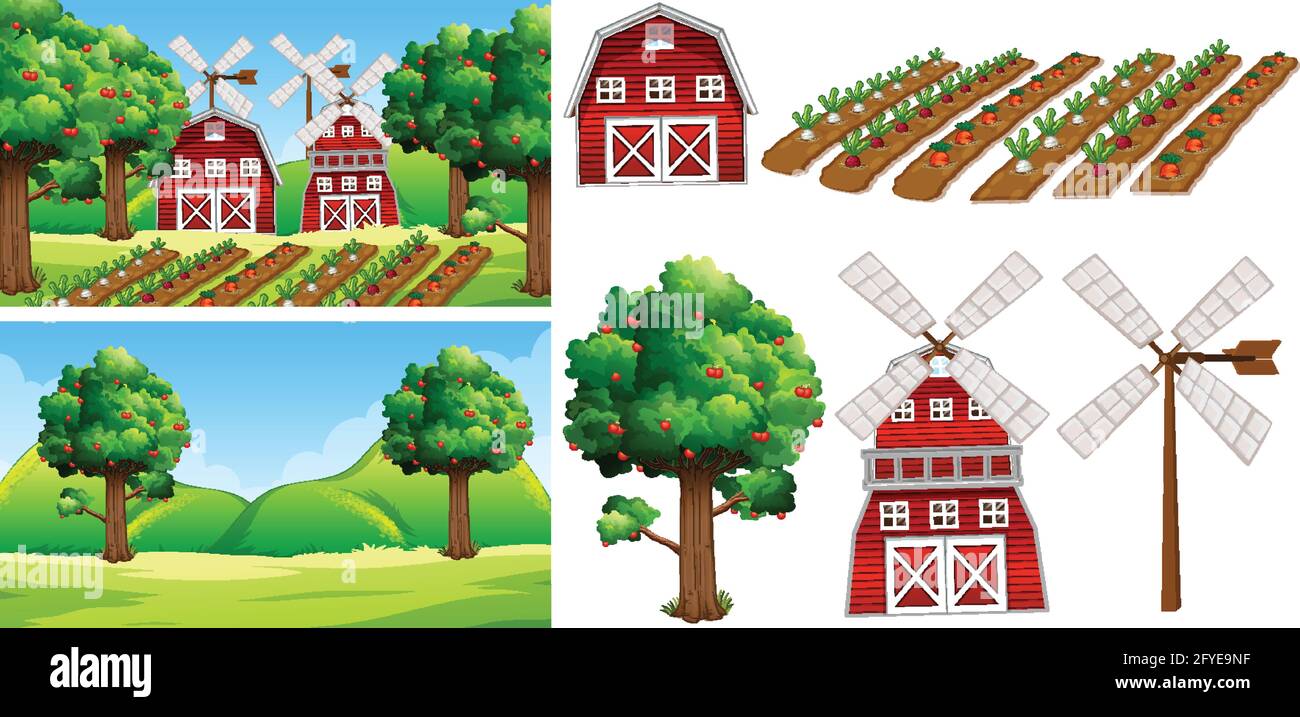 Farm element set isolated with farm scence illustration Stock Vector ...