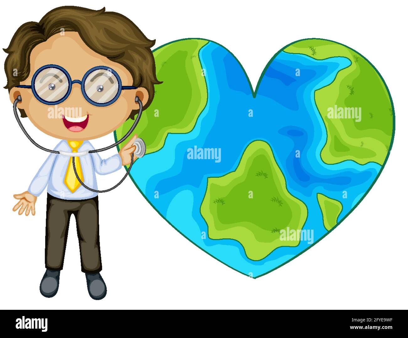 Earth in heart shape with a doctor cartoon character illustration Stock Vector