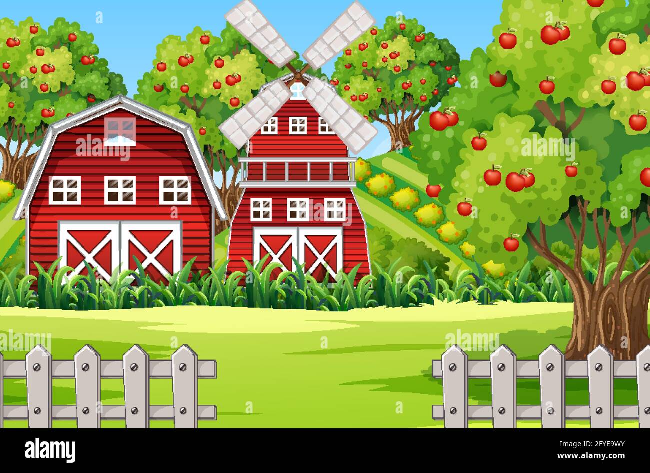 Farm scene with red barn and windmill illustration Stock Vector Image ...