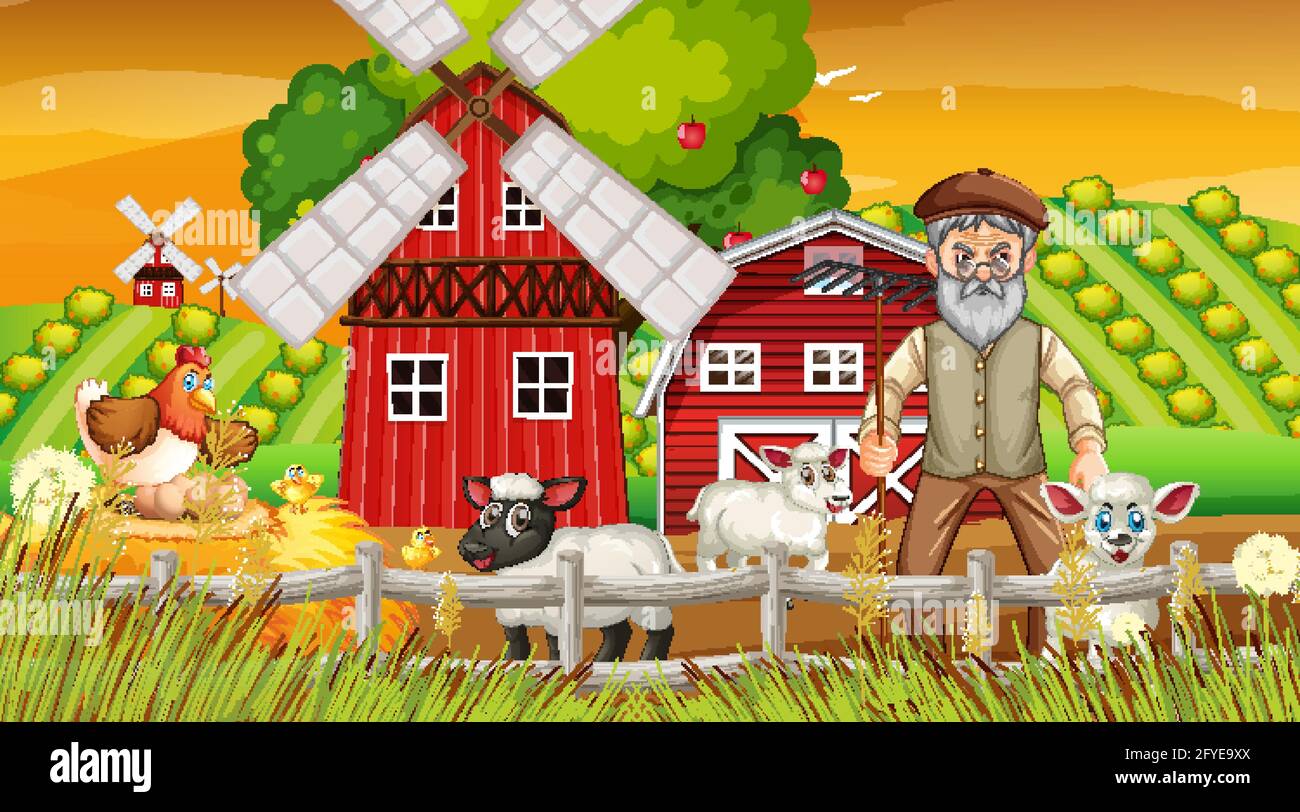 Farm at sunset time scene with old farmer man and farm animals ...