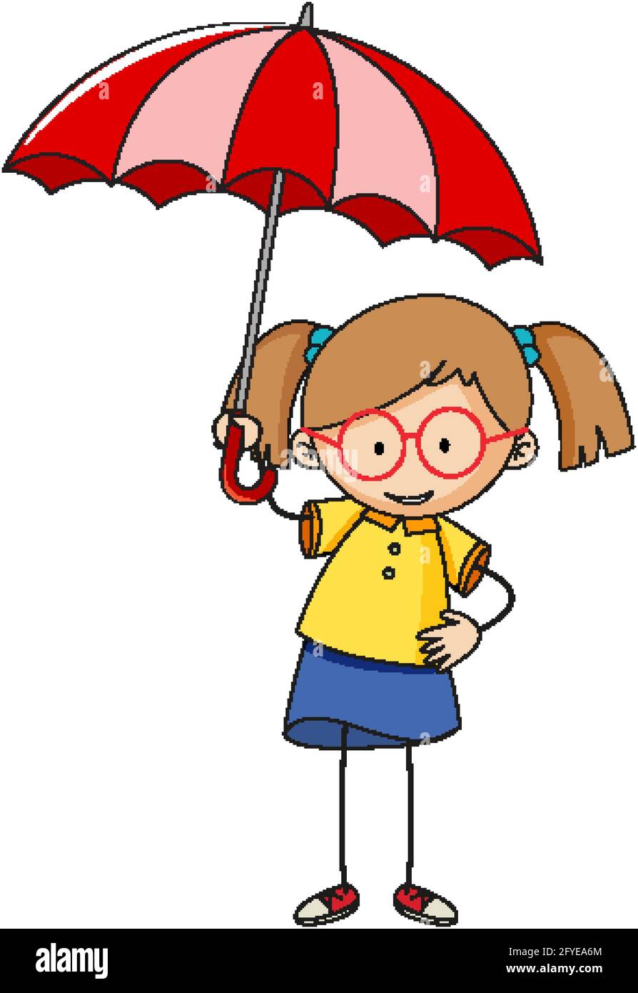 Cute girl holding umbrella doodle cartoon character isolated