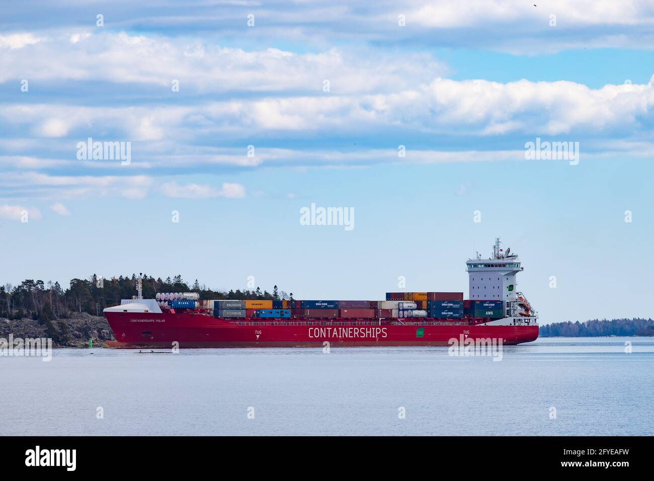 LNG-powered containerfeeder Containerships Polar approaching Vuosaari Harbour on May 2, 2021. Operated by Containerships and sailing under Cyprus flag. Stock Photo