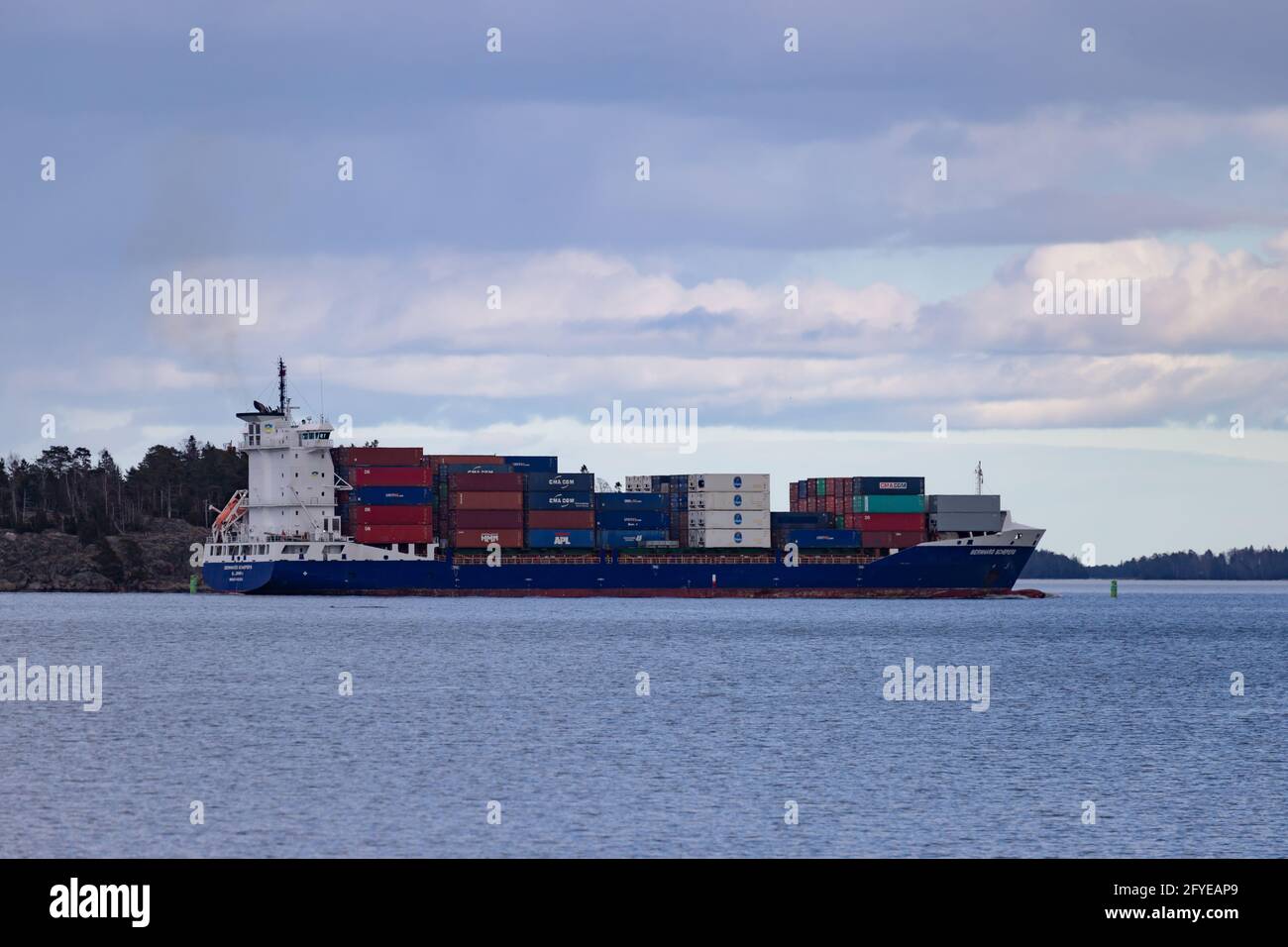 Containership Bernhard Schepers leaving Vuosaari Harbour on April 3, 2021. She is sailing under Antigua & Barbuda flag. Stock Photo