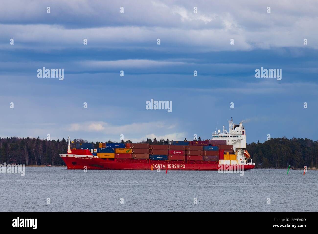 Cargo ship Containerships VII approaching Vuosaari Harbour on April 3, 2021. Operated by Containerships and sailing under Finnish flag. Stock Photo