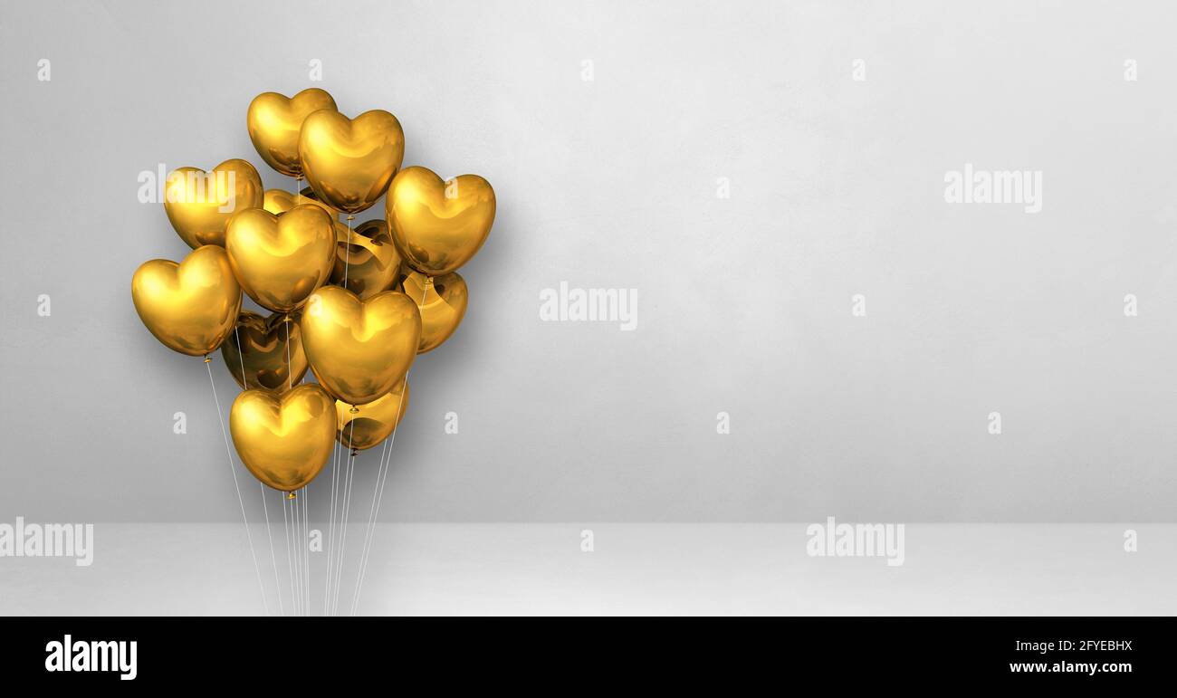 Gold heart shape balloons bunch on a white wall background. Horizontal ...