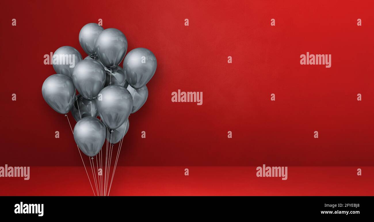 Silver balloons bunch on a red wall background. Horizontal banner. 3D ...