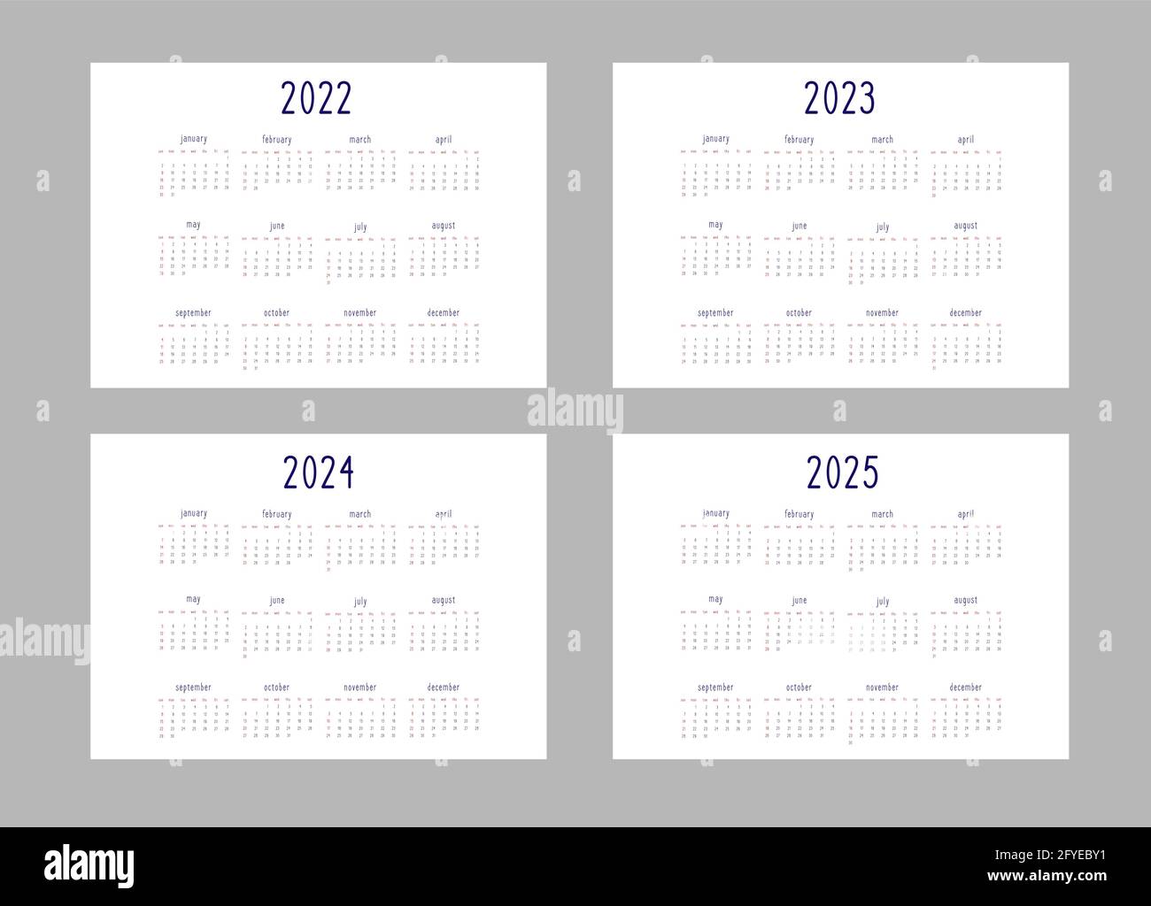 calendar 2022 2023 2024 2025 years template in classic strict style black and red colors on white background. Week starts on sunday. Horizontal lanscape format vector. Stock Vector