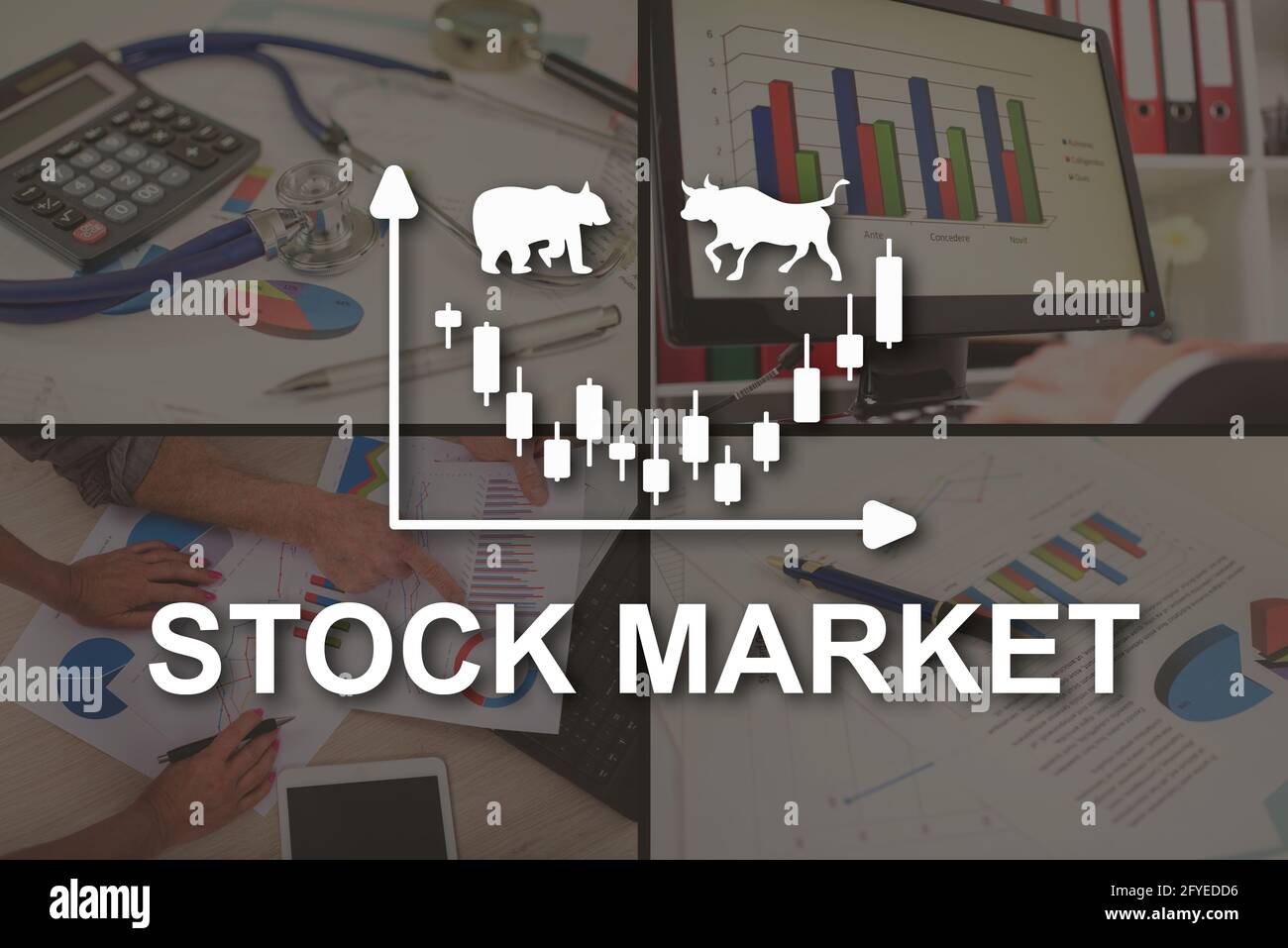 Stock market concept illustrated by pictures on background Stock Photo ...