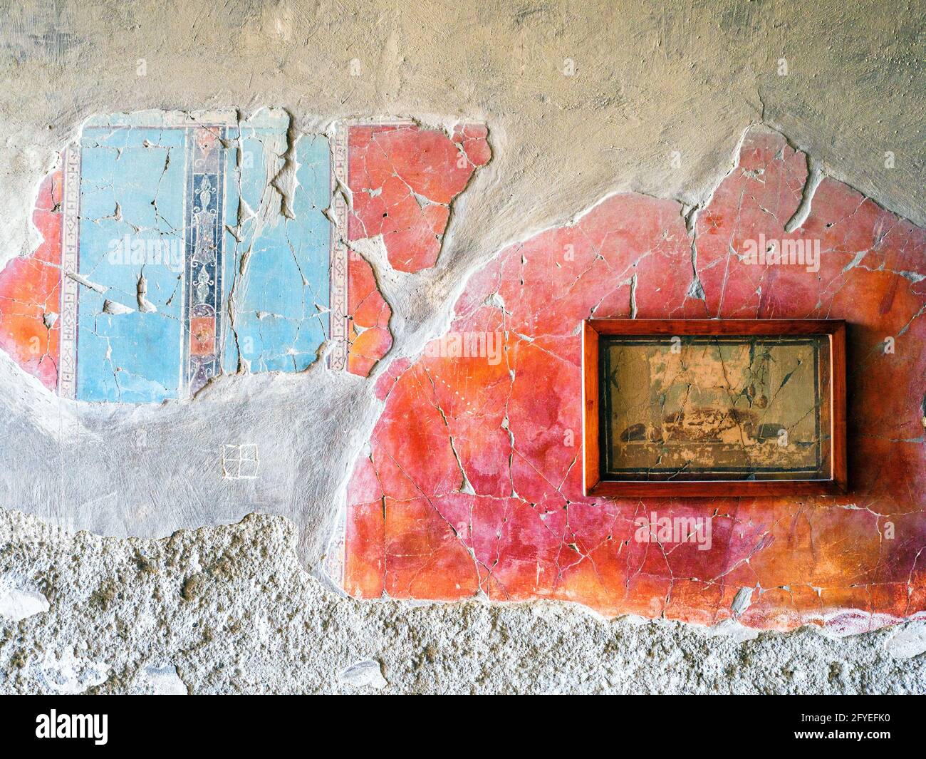 Cryptoporticus (corridor) panel with still-lifes scene - House of the Deer (Casa dei Cervi) - Herculaneum ruins, Italy Stock Photo