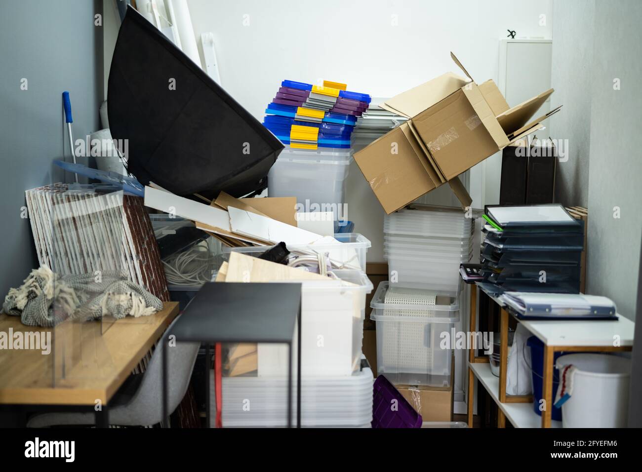 Messy Storage Closet Full Of Junk. Hoarder Stuff Stock Photo