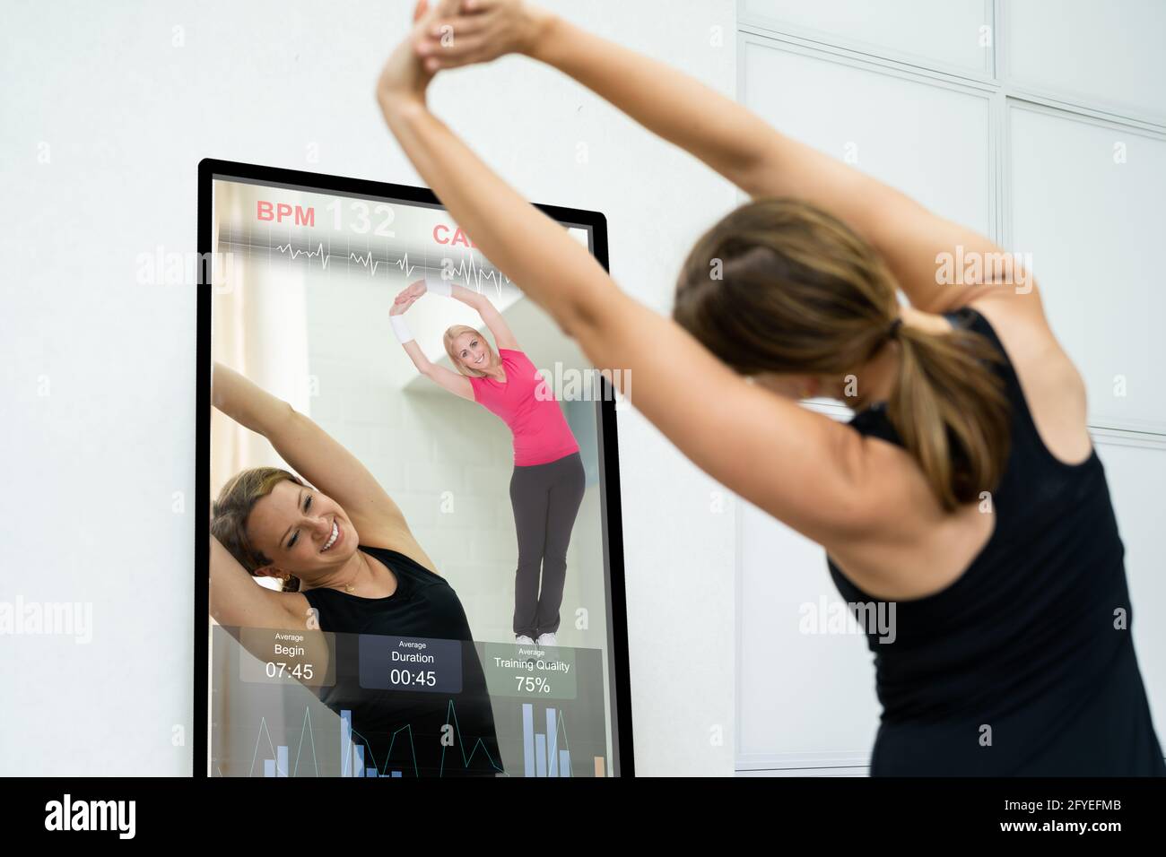 Smart Mirror Workout And Exercise Class. Women Doing Fitness Stock Photo