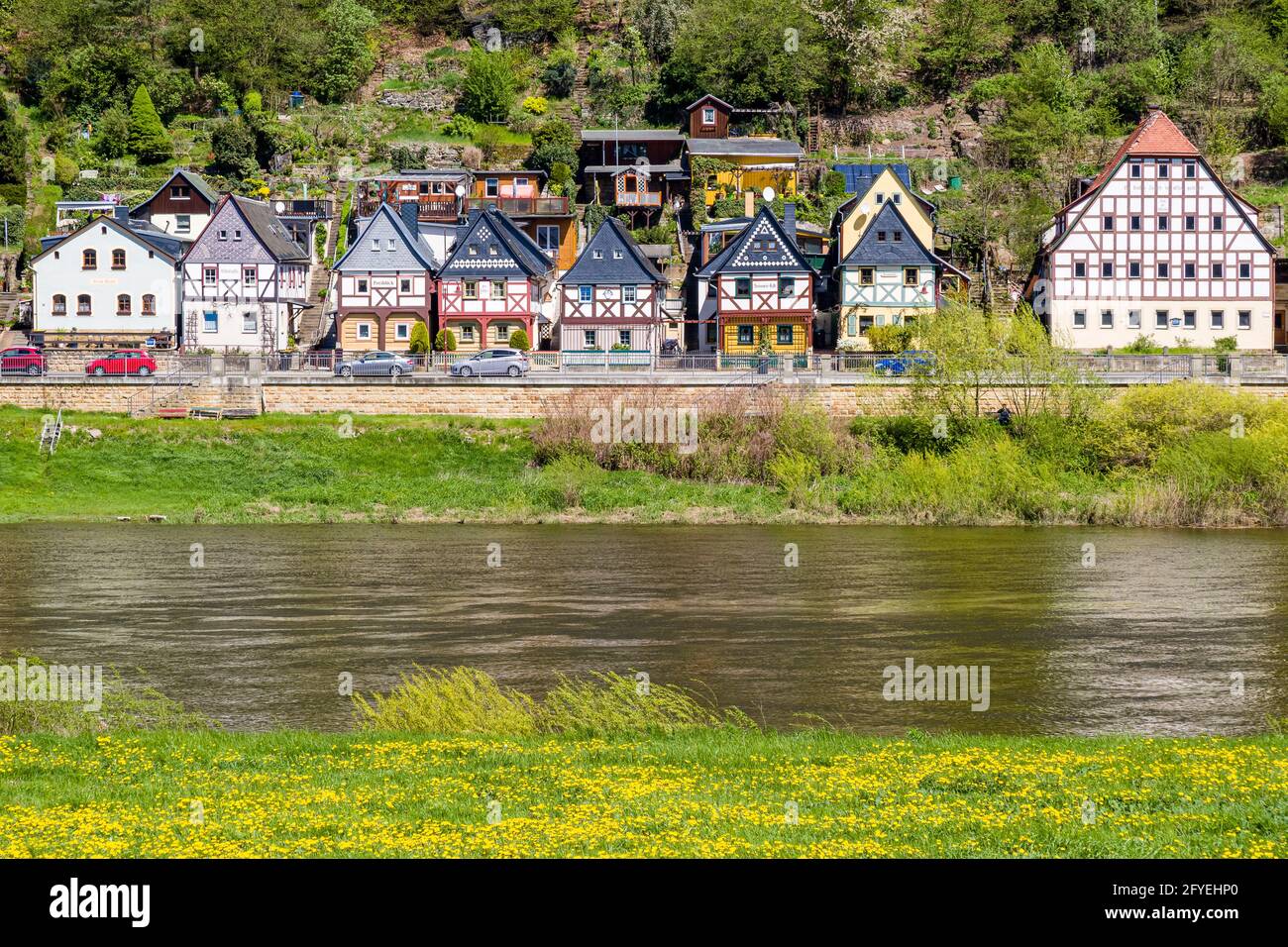 Houses of the seven brothers, Sieben-Brüder-Häuser, in the small village of Postelwitz, seen across the river Elbe. Stock Photo