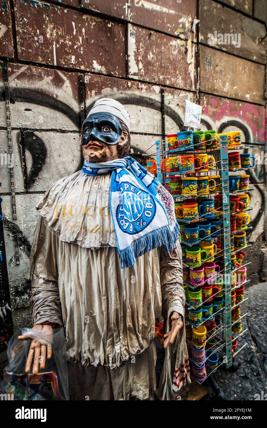 Naples, Napoli, Italy, Campania, travel, city,  holidays, street, Spaccanapoli, architecture, tradition, statue, Pulcinella, superstitious, day light, Stock Photo
