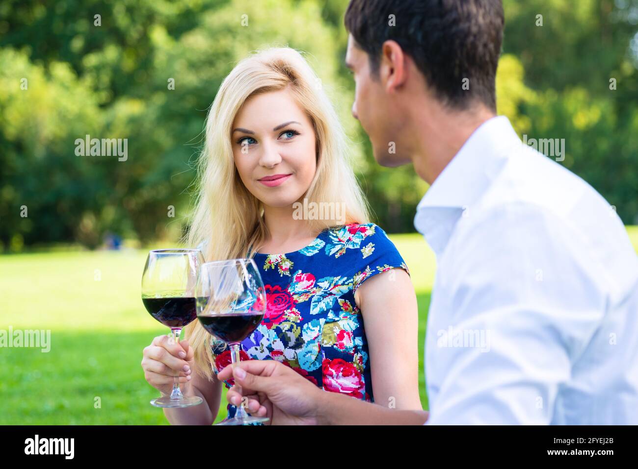 Couple drinking red wine on grass of park at picnic Stock Photo - Alamy
