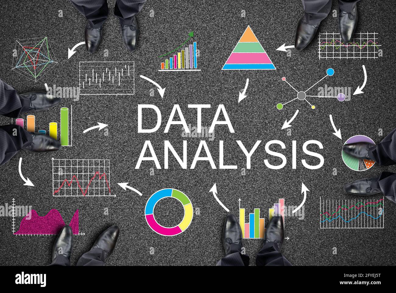 Feet around data analysis concept drawn on a road Stock Photo - Alamy