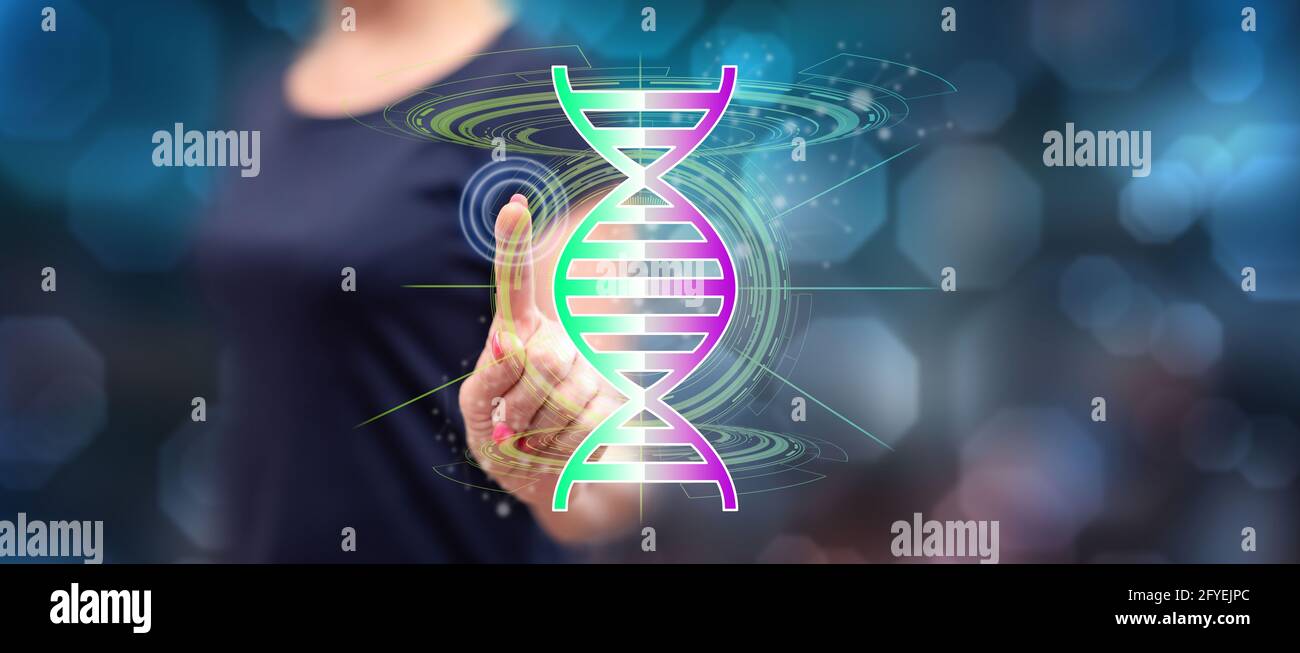 Woman touching a transhumanism concept on a touch screen with her finger Stock Photo