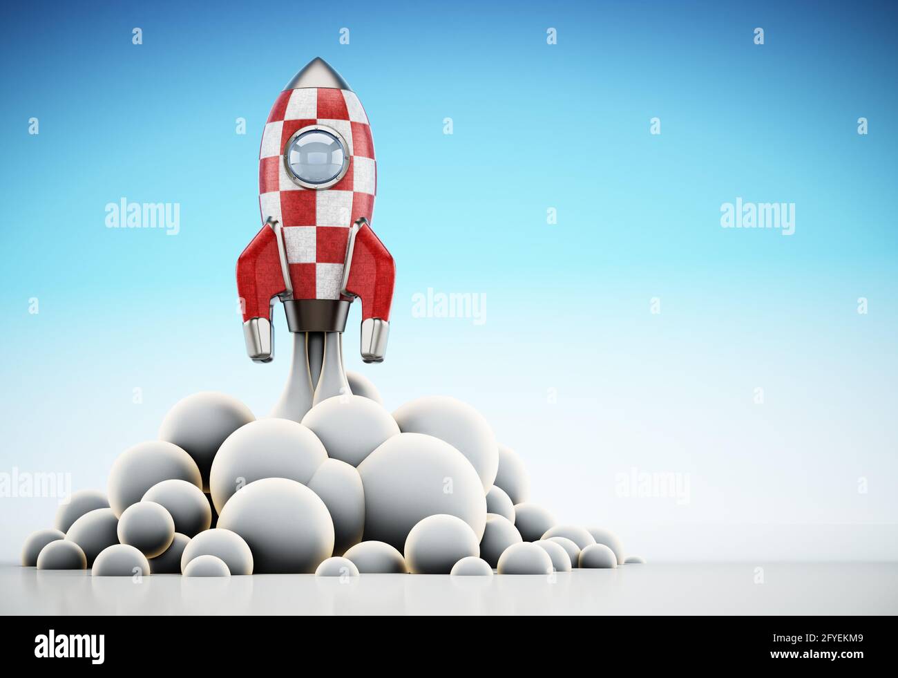 Vintage rocket ship launching to space. 3D illustration. Stock Photo