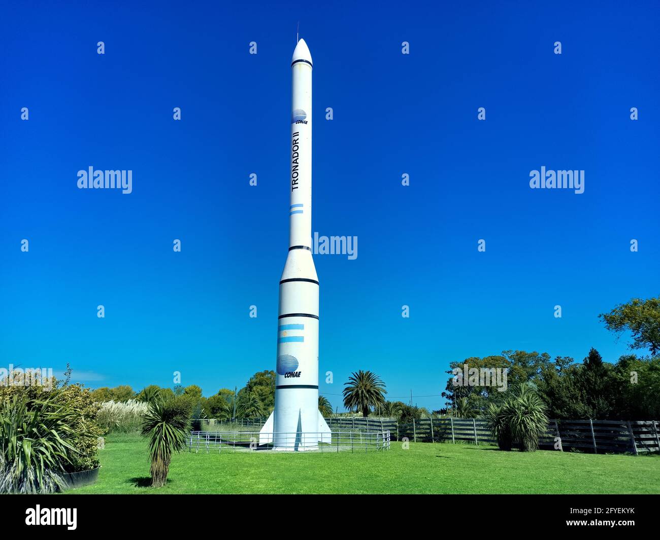 PIPINAS, PUNTA INDIO, BUENOS AIRES, ARGENTINA - Apr 06, 2021: shot of the replica of the Tronador II space launcher designed to place satellites into Stock Photo