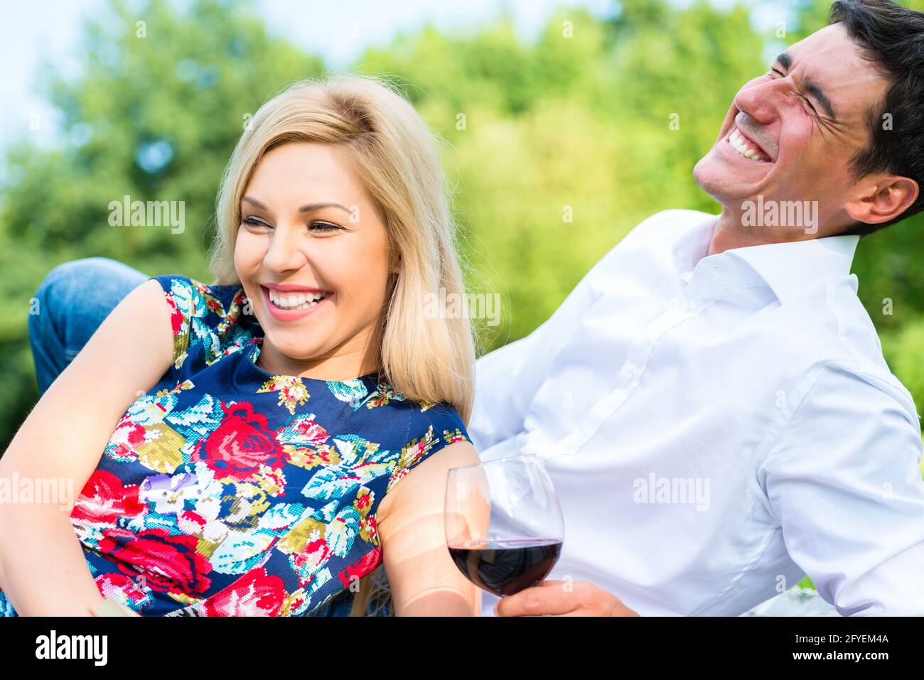 Couple drinking red wine on grass of park at picnic Stock Photo - Alamy