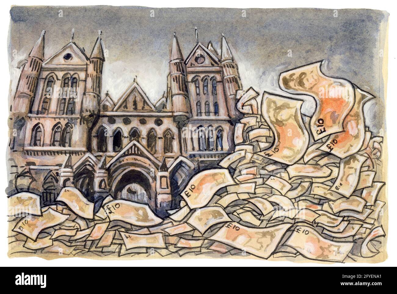 concept-art-illustration-londons-royal-courts-of-justice-covered-in-money-the-rising-cost-of-law-cuts-to-legal-aid-impacting-justice-representation-2FYENA1.jpg