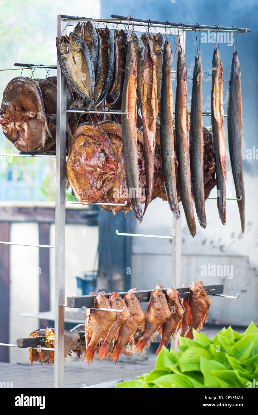 Various dry smoked spiced fish with smoke on background ready to eat in