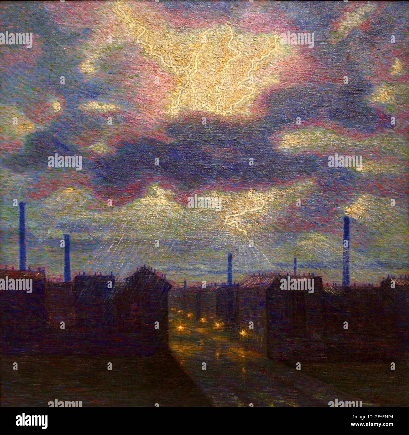Luigi Russolo artwork entitled Lightning Flashes or Lampi. Milan city-scape in the midst of an electric storm. Stock Photo